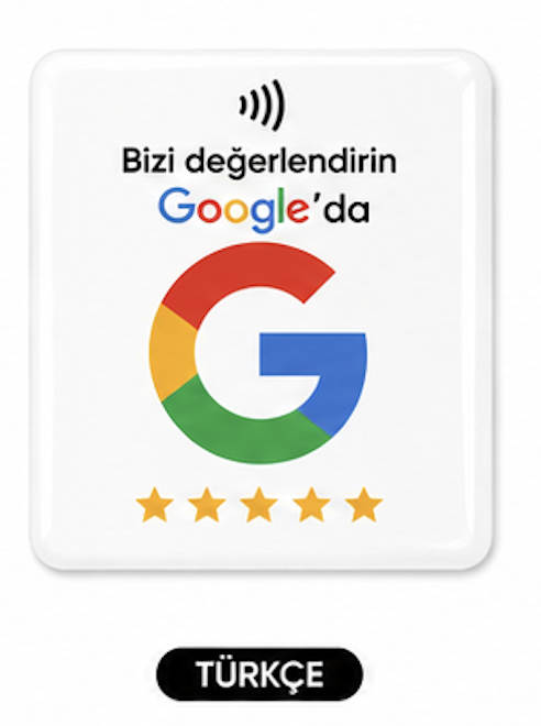 5x5 cm Epoksi Kaplı Damla Etiketli 3B Görünümlü NFC Google Yorum Kartı – Beyaz Türkçe