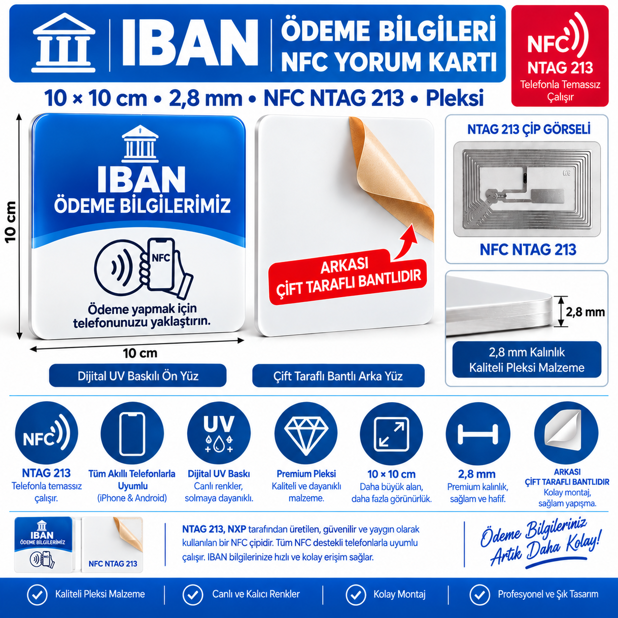 IBAN Ödeme Bilgileri NFC Pleksi Kartı 10x10 cm