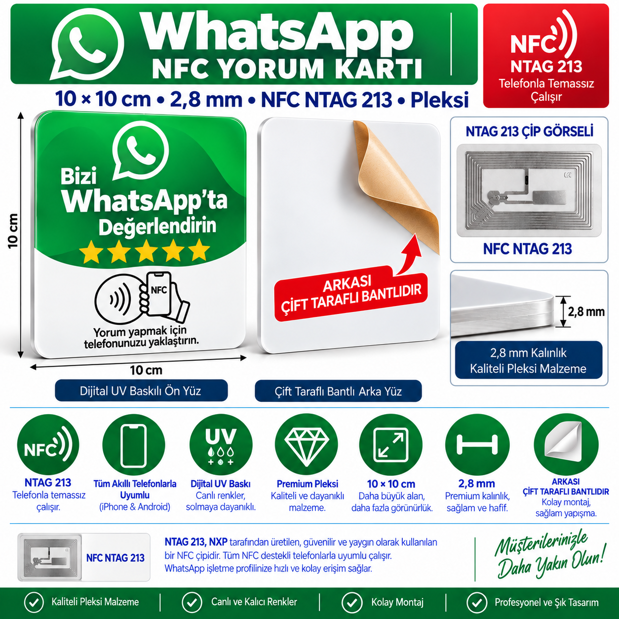 WhatsApp NFC Yorum ve İletişim Pleksi Kartı 10x10 cm
