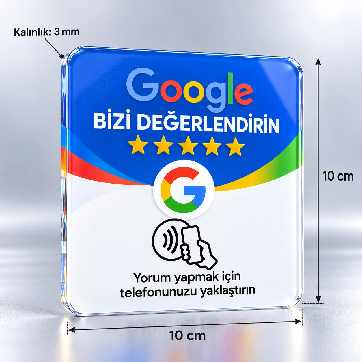 Premium Cam Görünümlü Google Yorum NFC Kartı - 10x10 cm 10x10 cm, 3 mm