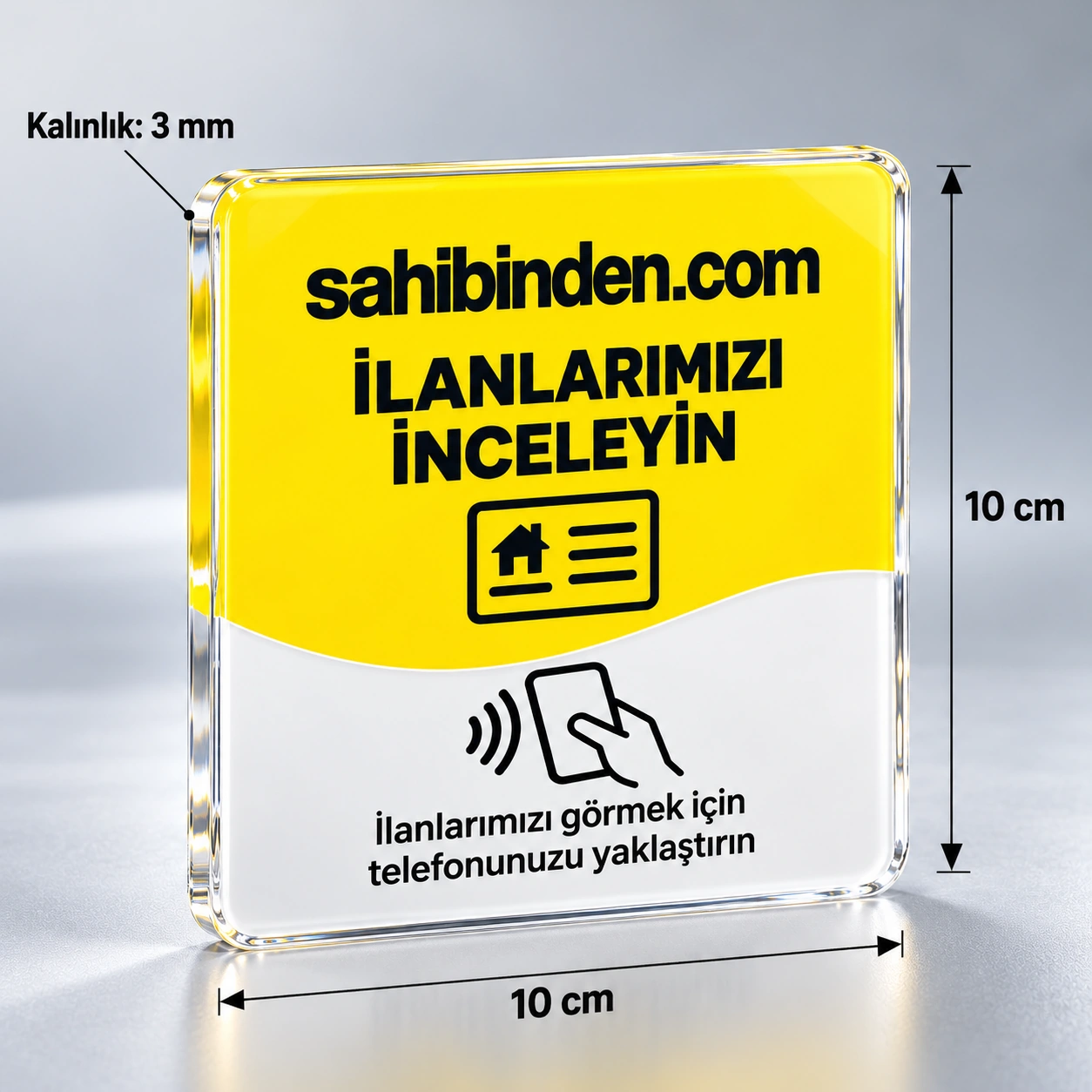 Premium Cam Görünümlü Sahibinden İlan NFC Kartı - 10x10 cm, 10x10 cm ve 3 mm kalınlık