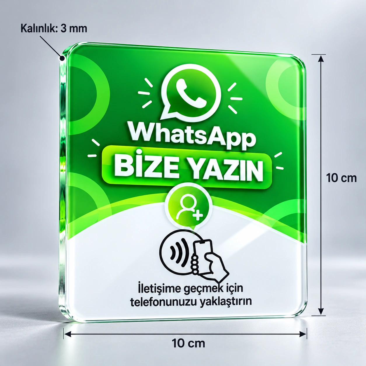 Premium Cam Görünümlü WhatsApp İletişim NFC Kartı - 10x10 cm, 10x10 cm ve 3 mm kalınlık